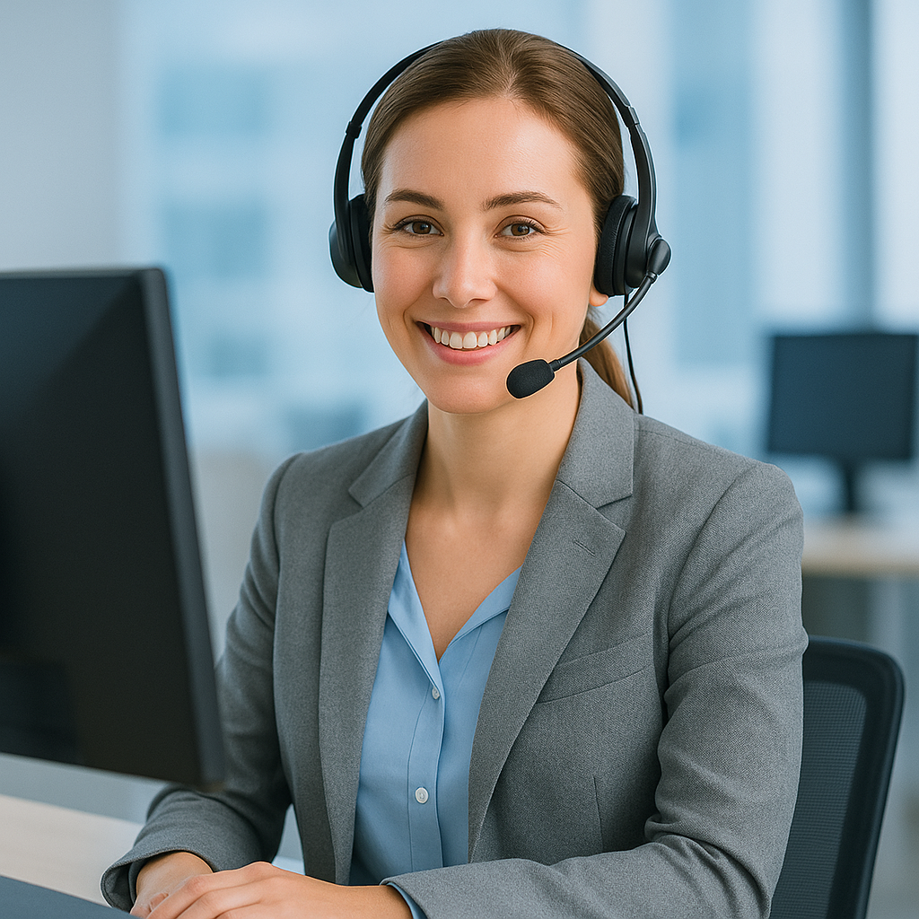 Customer service representative with headset at computer in call center